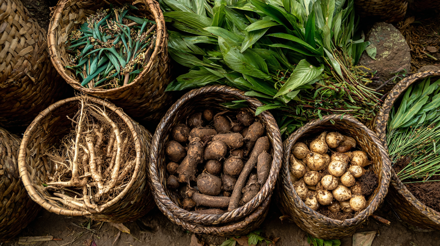 Traditional Ethiopian medicinal herbs including rue, garlic, and natural plant remedies.