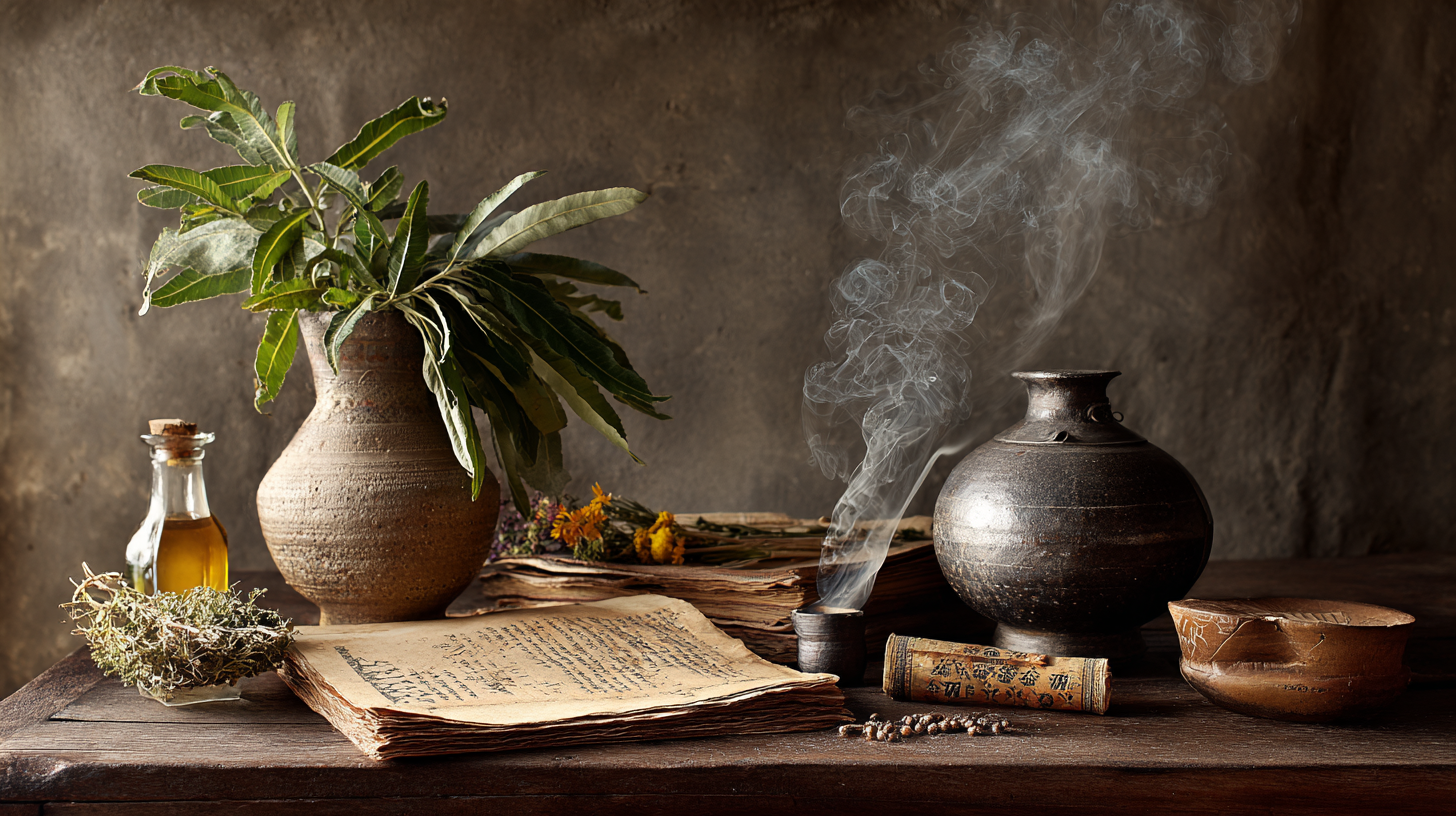 Symbolic still-life of Ethiopian traditional healing with herbs, manuscripts, and incense. Ethiopian traditional medicine shown through herbs, rituals, and ancestral healing practices.