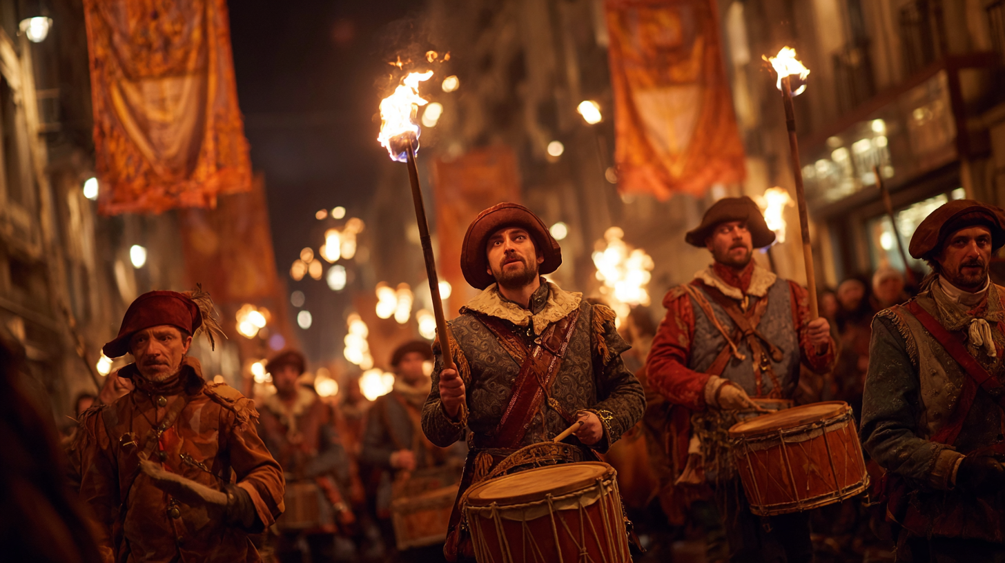 Torch-lit medieval parade during L’Escalade Swiss cultural festivals in Geneva.