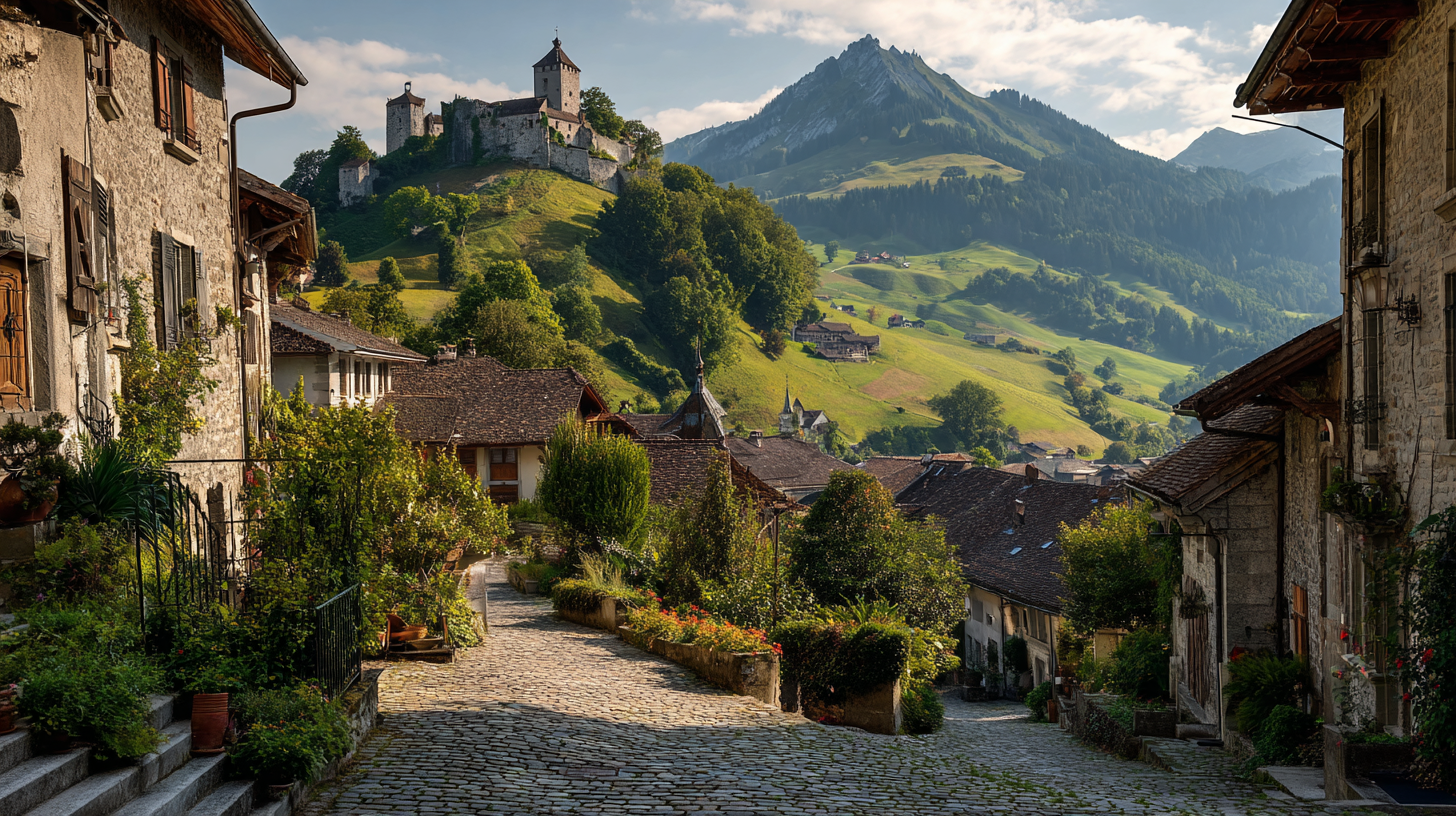 Medieval hilltop town of Gruyères surrounded by Swiss green pastures. Medieval Switzerland towns with castles, painted facades, and alpine heritage.
