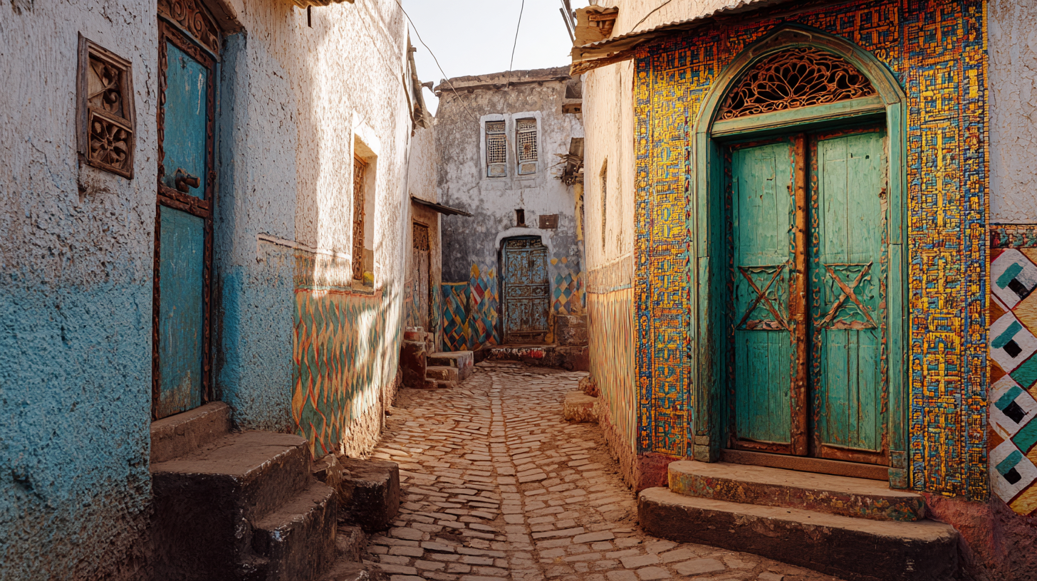 Harar’s traditional carved doors and colorful geometric-patterned alley walls.
