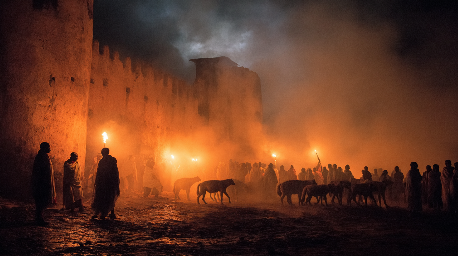 Hyena Men of Harar feeding hyenas at night near the ancient city walls.