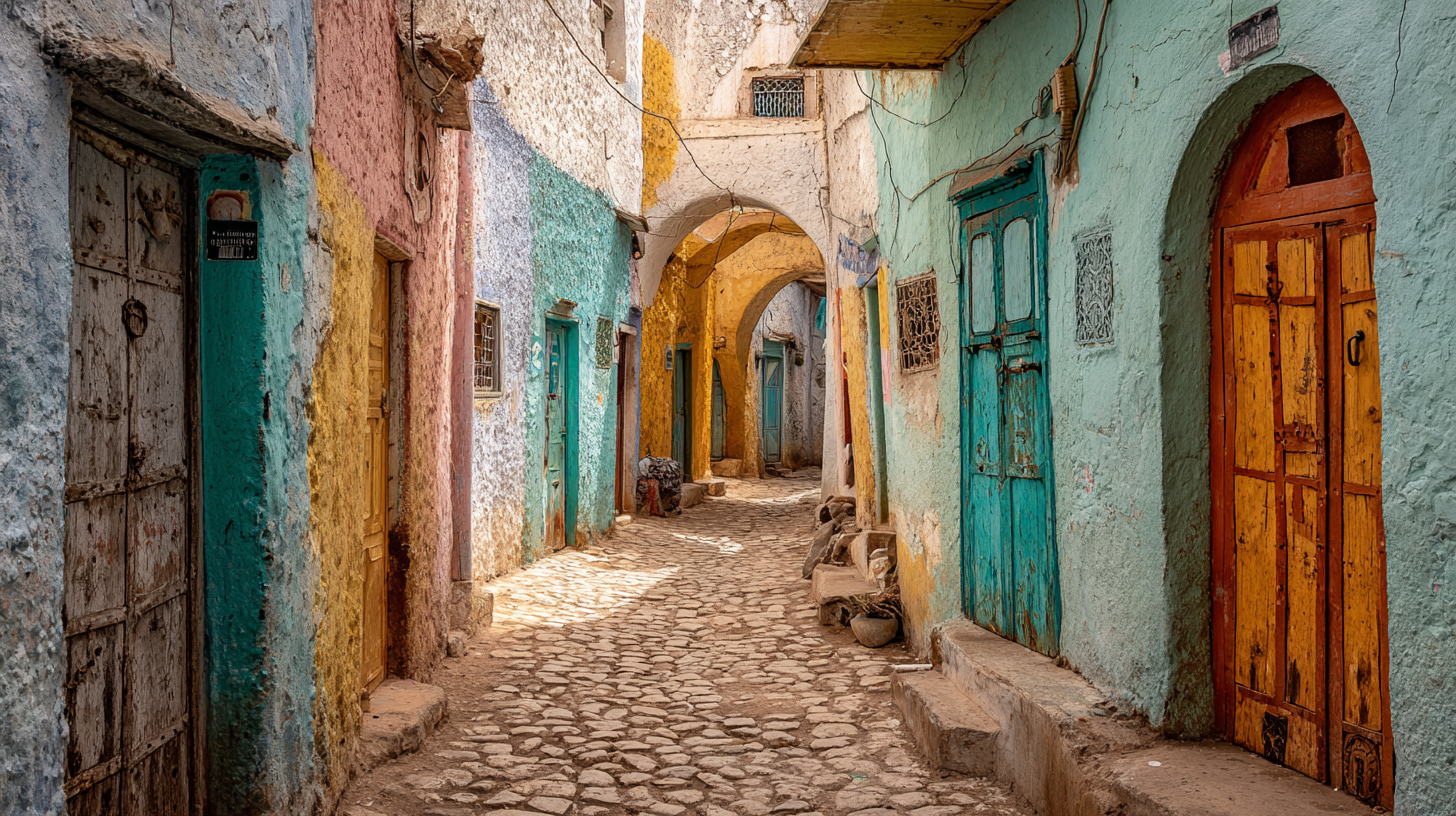 Pastel-colored alleys and historic walls of Harar Jugol in Ethiopia.