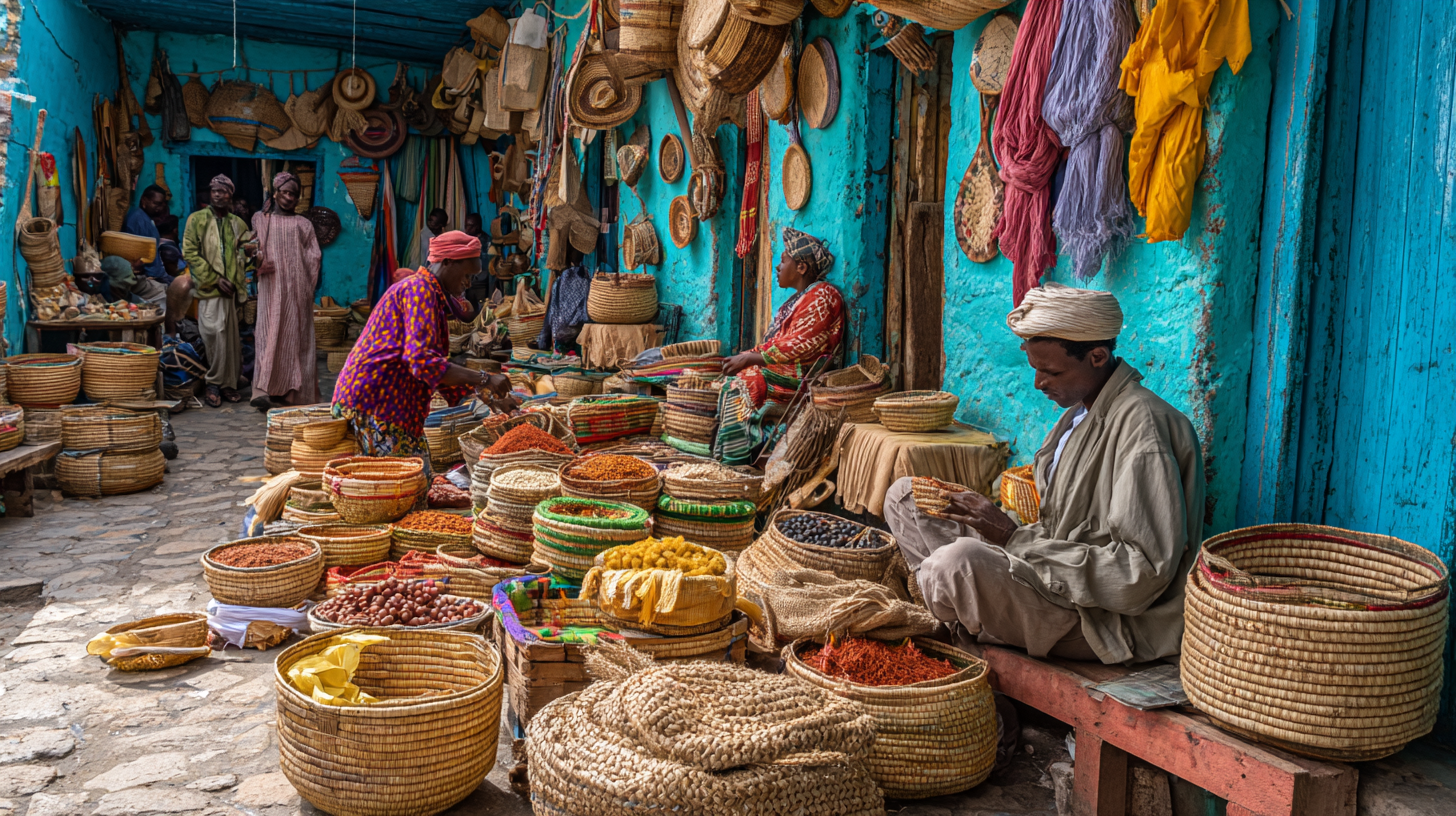 A bustling Harar market with spices, baskets, and handcrafted goods.