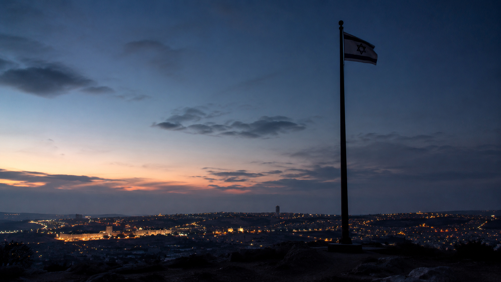 Symbolic scene representing Israel’s independence in 1948 with a flagpole silhouette and city lights
