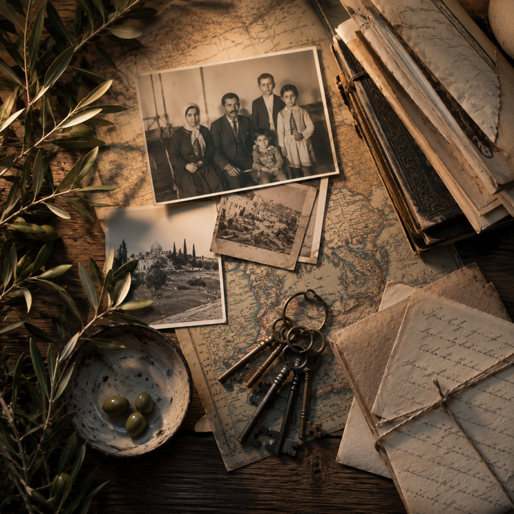 Old maps, family photographs, keys, documents, and olive branches symbolizing Israeli-Palestinian history