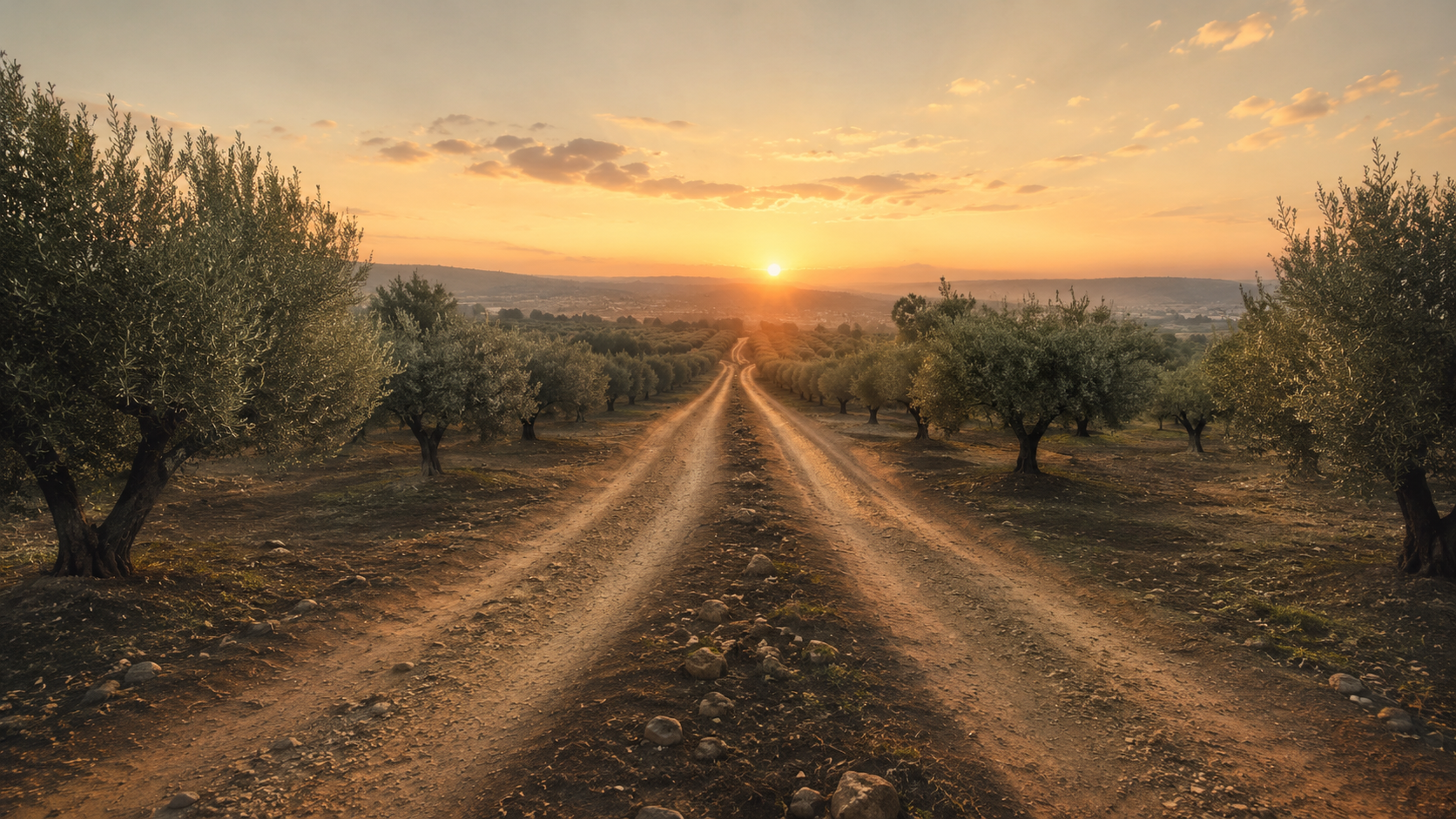 Two paths through an olive grove converging toward sunrise symbolizing a possible path to peace