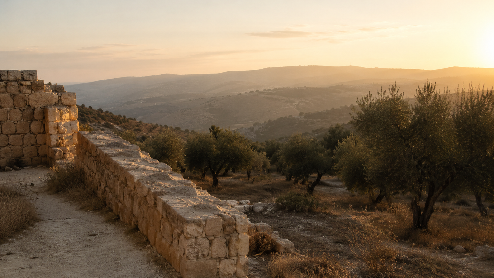 Israeli-Palestinian conflict: Jerusalem stone, olive trees, and distant hills at sunrise symbolizing cautious hope