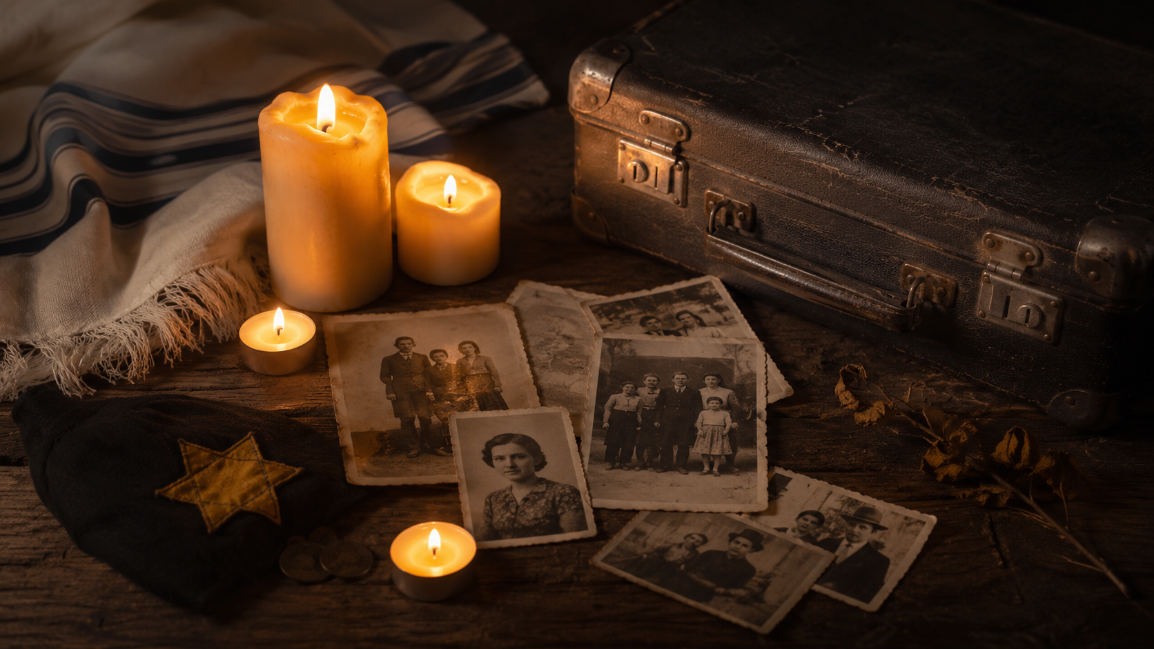 Candles, old photographs, and a suitcase symbolizing Jewish survival and the urgency of statehood