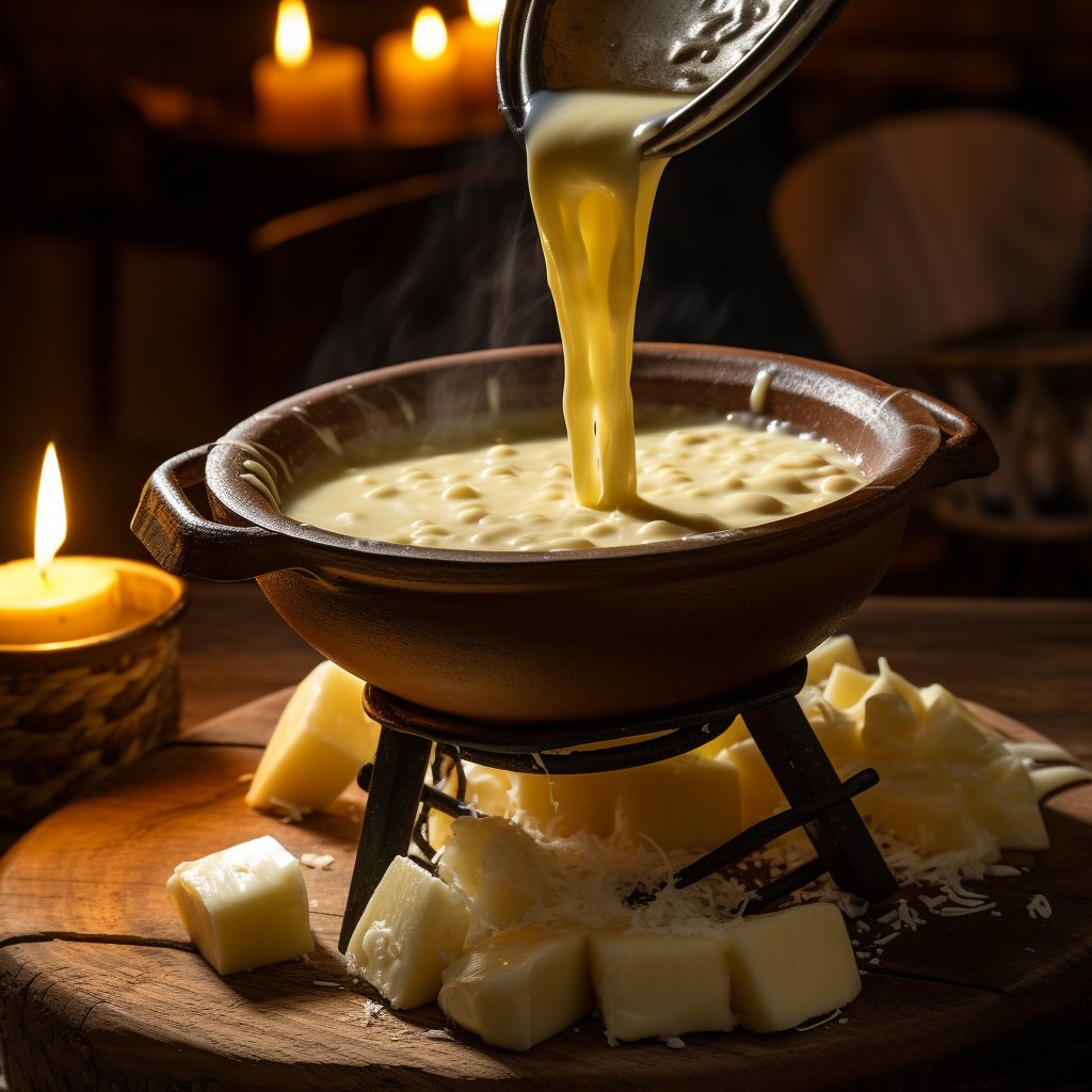 A close-up image of a traditional fondue pot (caquelon) filled with melted Gruyère and Emmental cheese, with a flame beneath it to keep the cheese warm.