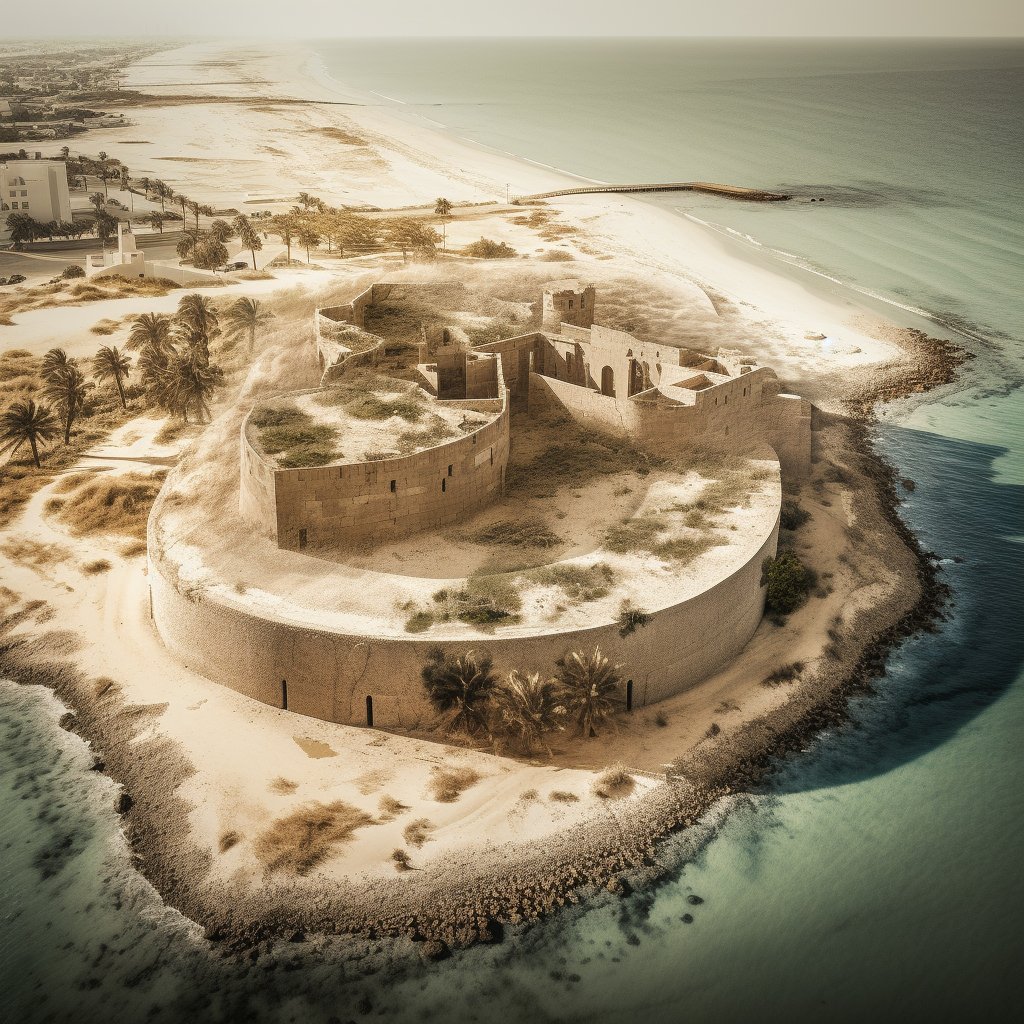 A composite image featuring key historical elements of Bahrain: an aerial view of the Bahrain Fort, ancient Dilmun burial mounds, and a scene from the Pearling Trail. 