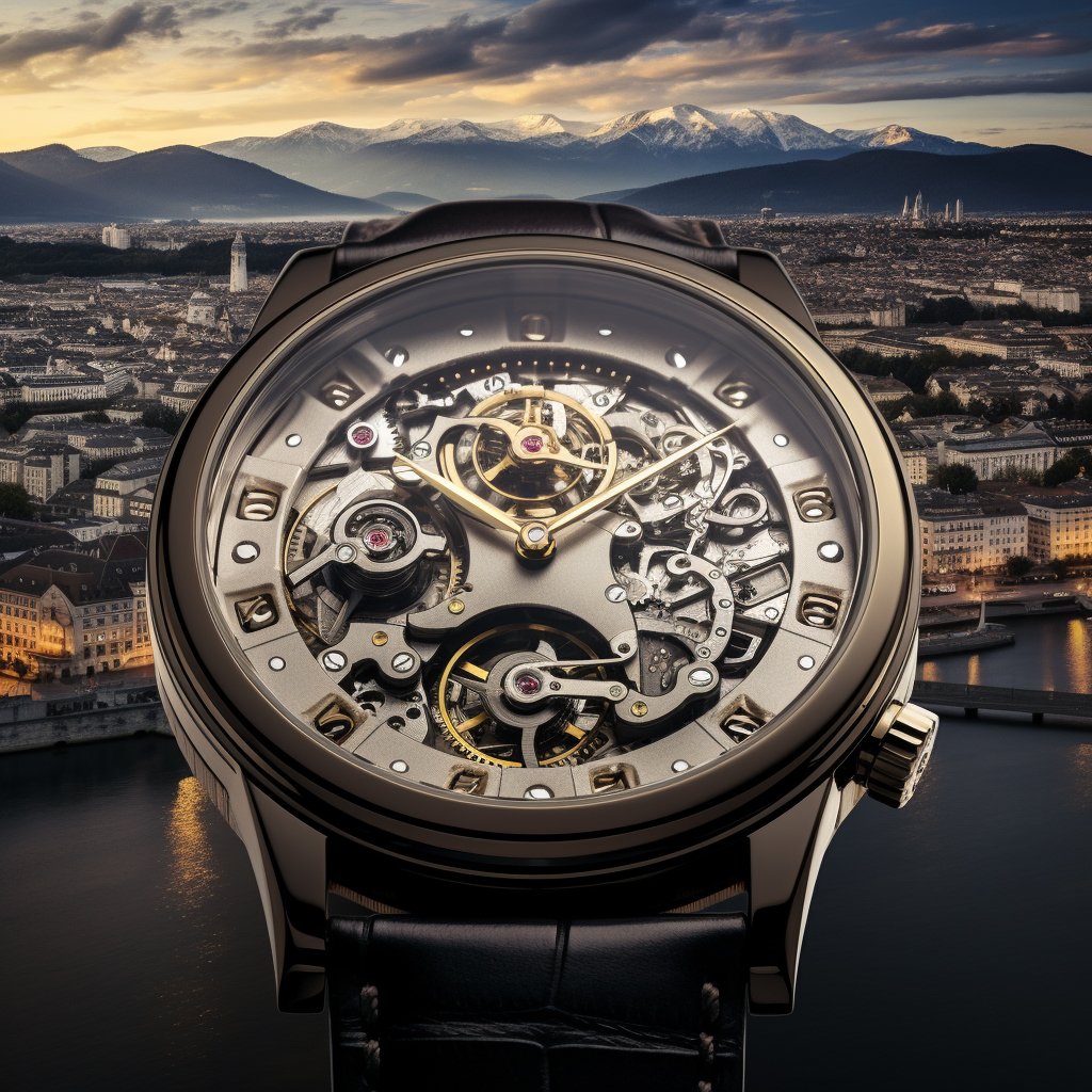 A panoramic view of Geneva with iconic watch brand logos (like Rolex, Patek Philippe) subtly integrated into the cityscape, symbolizing the city's deep connection with watchmaking.