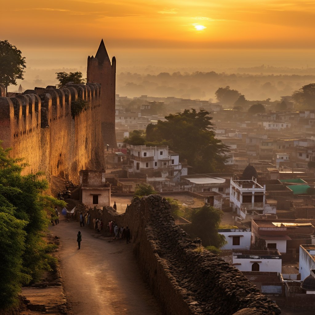 A panoramic view of the Harar Jugol, showcasing the city's ancient walls and unique architecture with the sunrise casting a golden hue over the city, symbolizing the awakening of history.