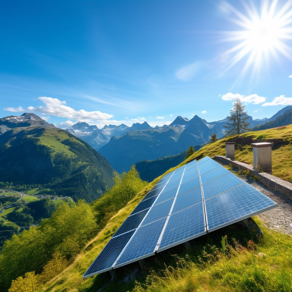 A panoramic view of the Swiss Alps with a focus on eco-friendly elements like solar panels or wind turbines, symbolizing Switzerland's commitment to sustainable tourism.