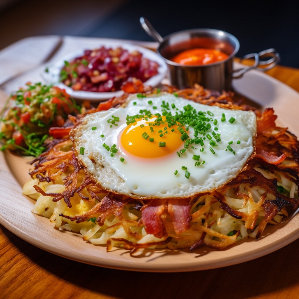 A photo of Rösti served with different toppings like cheese, bacon, onions, or an egg.