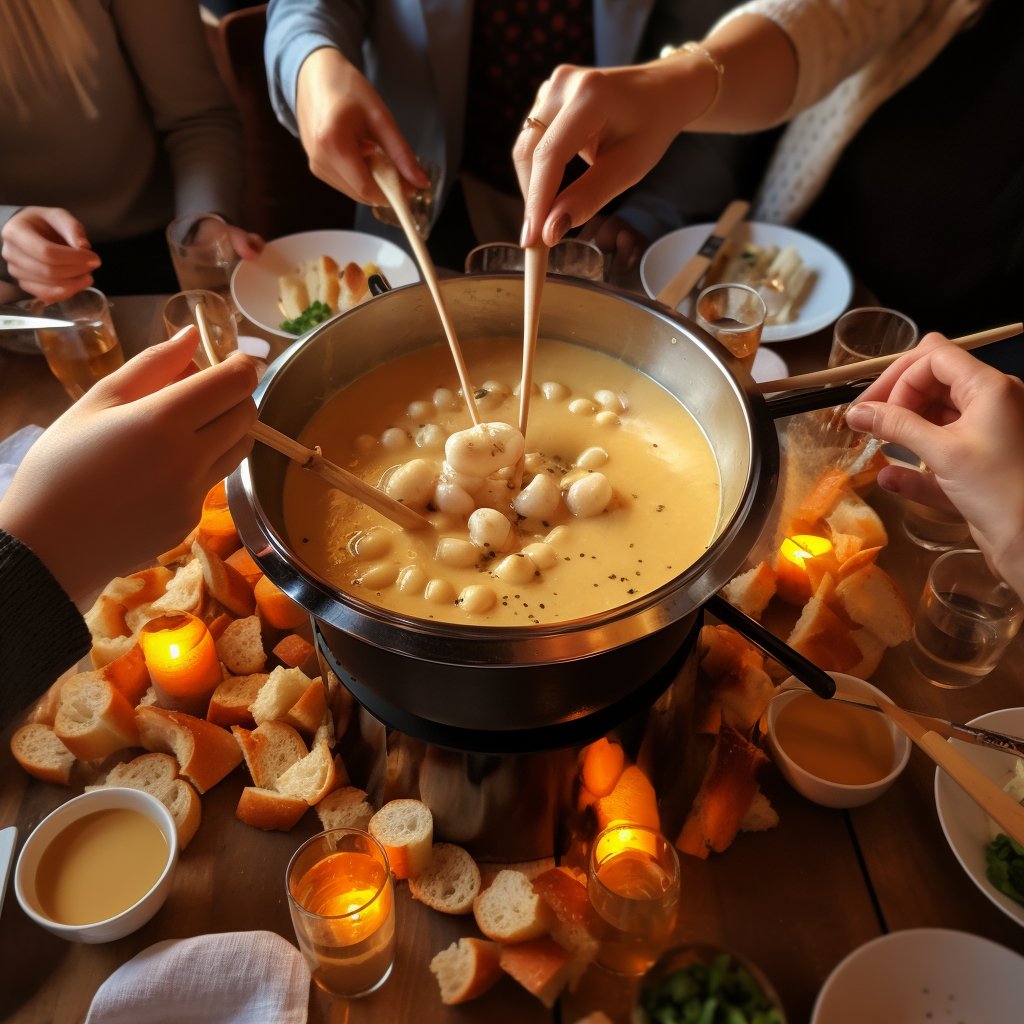 A photo of people dipping bread into the fondue pot using long forks, capturing the communal and cozy aspect of the dish.