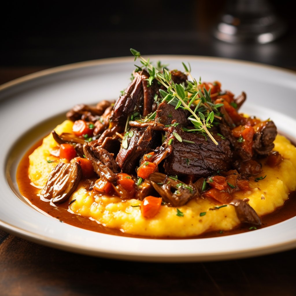 A photo of the polenta and braised beef dish, highlighting the comforting and hearty nature of the meal.