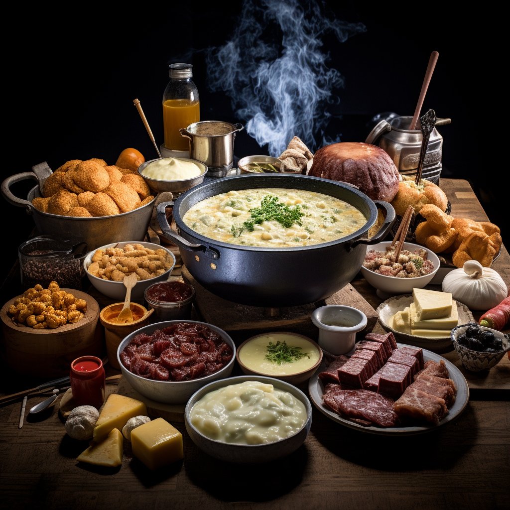 A sumptuous spread of Swiss culinary specialties, including a bubbling pot of fondue in the center, surrounded by dishes like Rösti, Zürcher Geschnetzeltes, and a selection of Swiss chocolates.