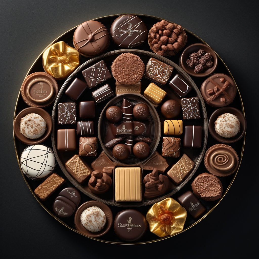 A visually appealing display of various types of Swiss chocolates, including milk, dark, and filled chocolates.