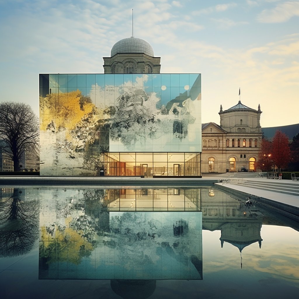 A visually striking montage that includes a segment of the iconic facade of Kunsthaus Zürich, a recognizable artwork from Fondation Beyeler's collection (perhaps a Monet or Van Gogh), and a distinctive Olympic artifact or interactive exhibit from the Olympic Museum in Lausanne.