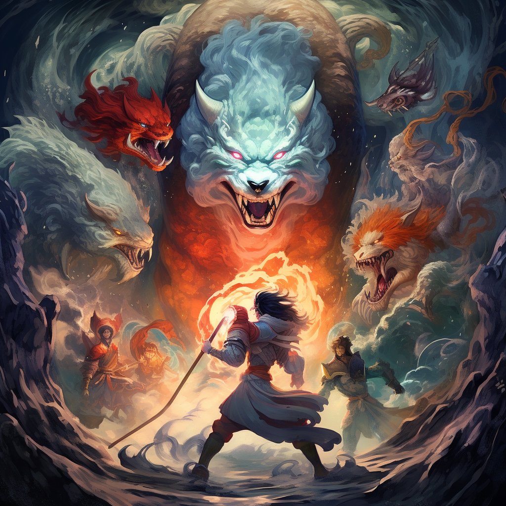 An artistic depiction of key figures from Japanese mythology, such as Amaterasu emerging from her cave, Susanoo battling the Orochi, and iconic yokai like Tengu and Kitsune. This image should capture the mystical and vibrant essence of these tales.