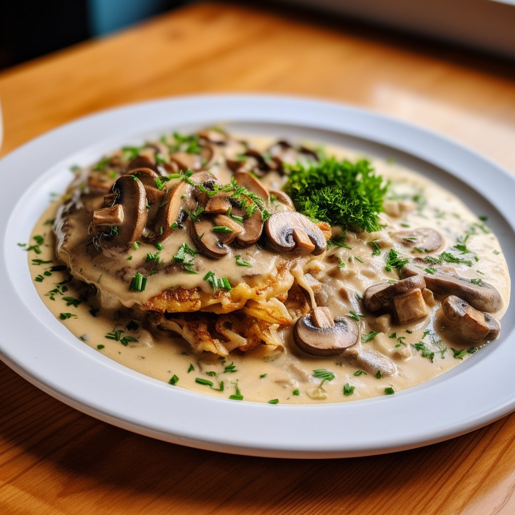 An image of Zürcher Geschnetzeltes, thinly sliced veal in a creamy mushroom sauce, elegantly plated, possibly with a side of Rösti.