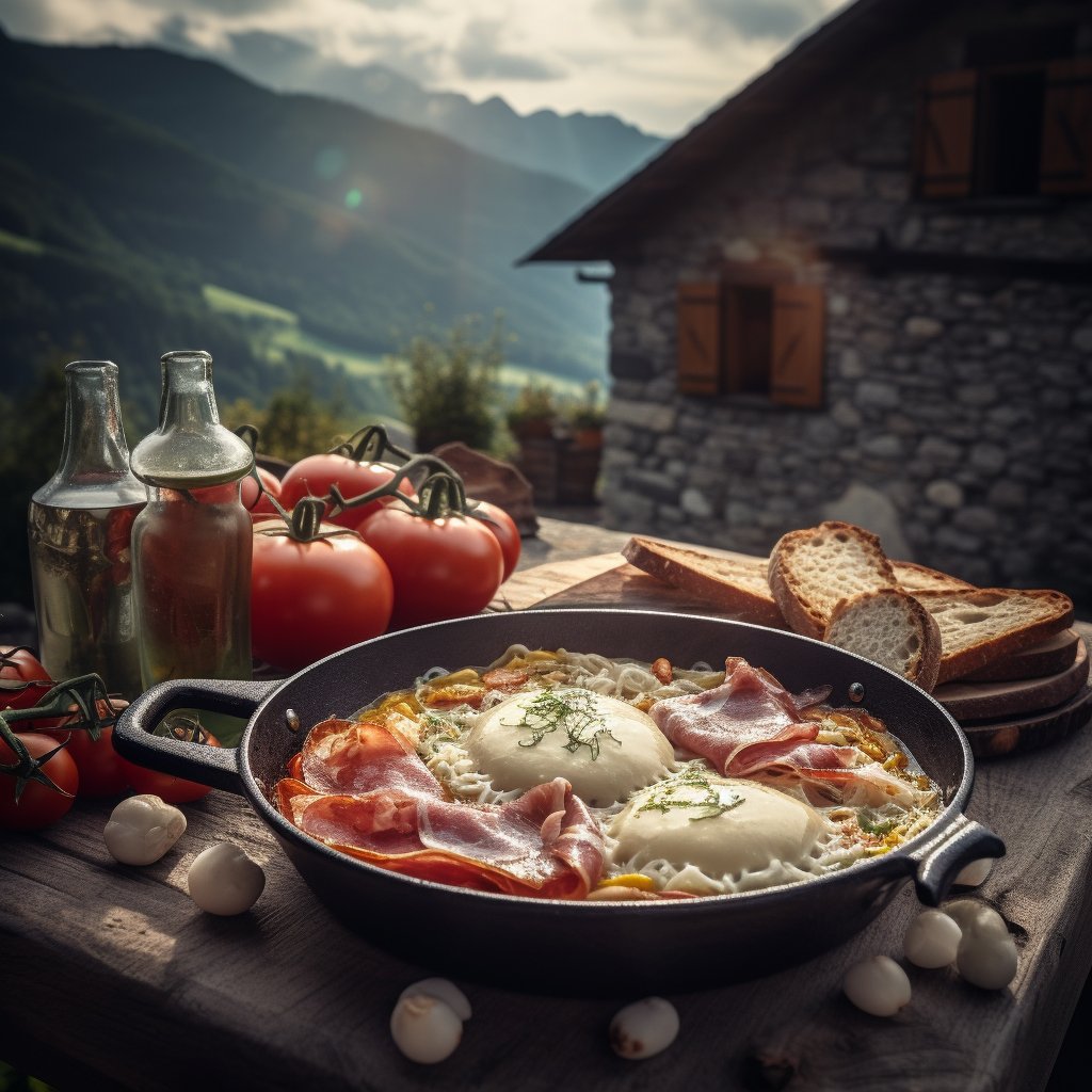 An image that represents the fusion of Swiss and Italian culinary traditions, perhaps showing the dish in a rustic Ticino setting.
