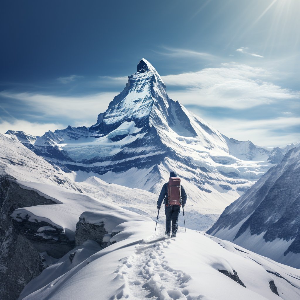 A panoramic image of the Swiss Alps showcasing majestic peaks like Matterhorn and Jungfrau. Include a foreground with a hiker or skier, representing the adventure and beauty of the region. The image evoke a sense of wonder and excitement for alpine adventures.