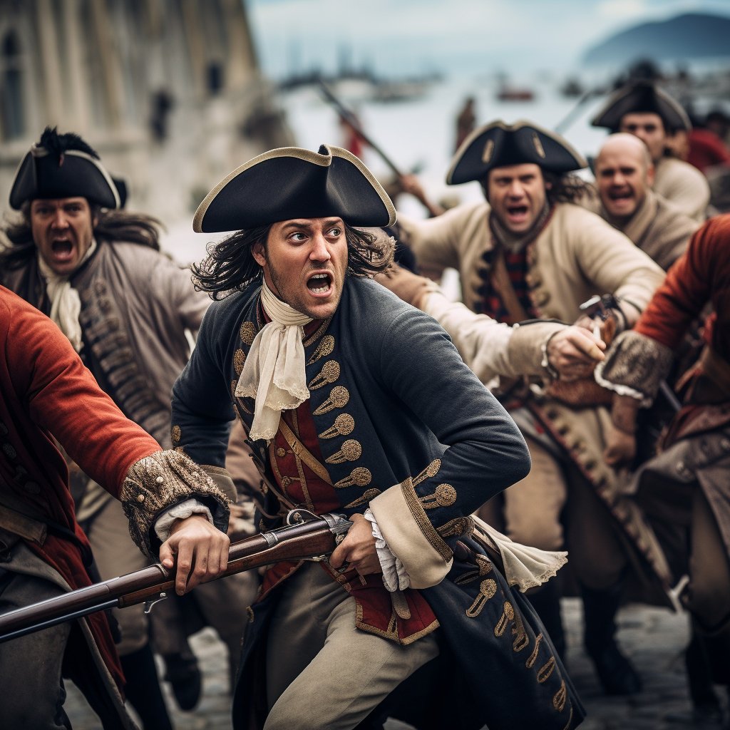 Dramatic images of actors in period costumes reenacting the siege of Geneva.