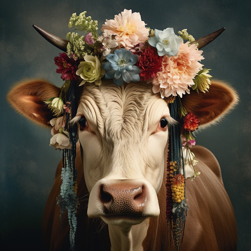 Picturesque images of cows adorned with flowers, bells, and ribbons.
