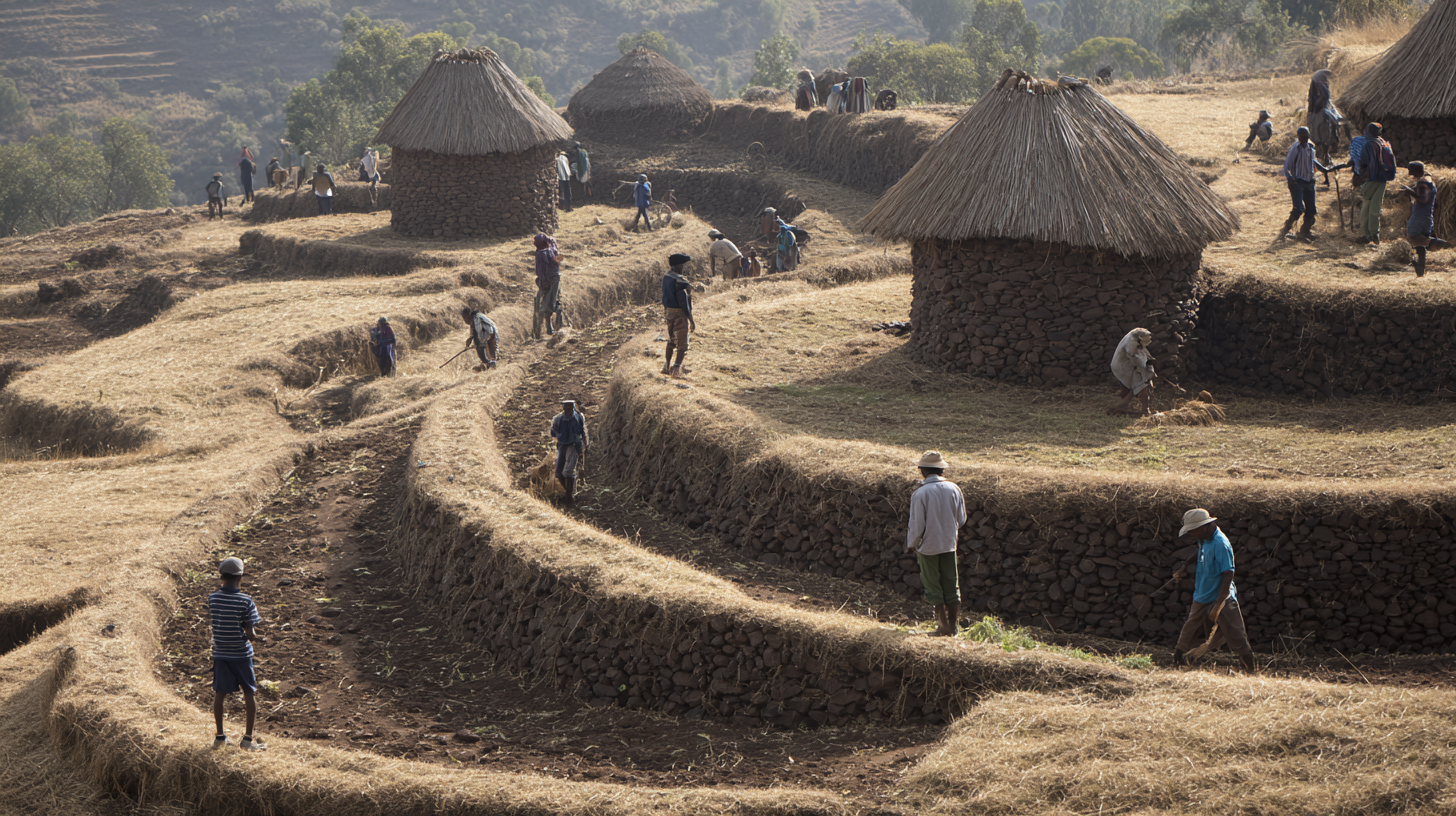Konso community members working on terraced fields alongside preservation efforts.