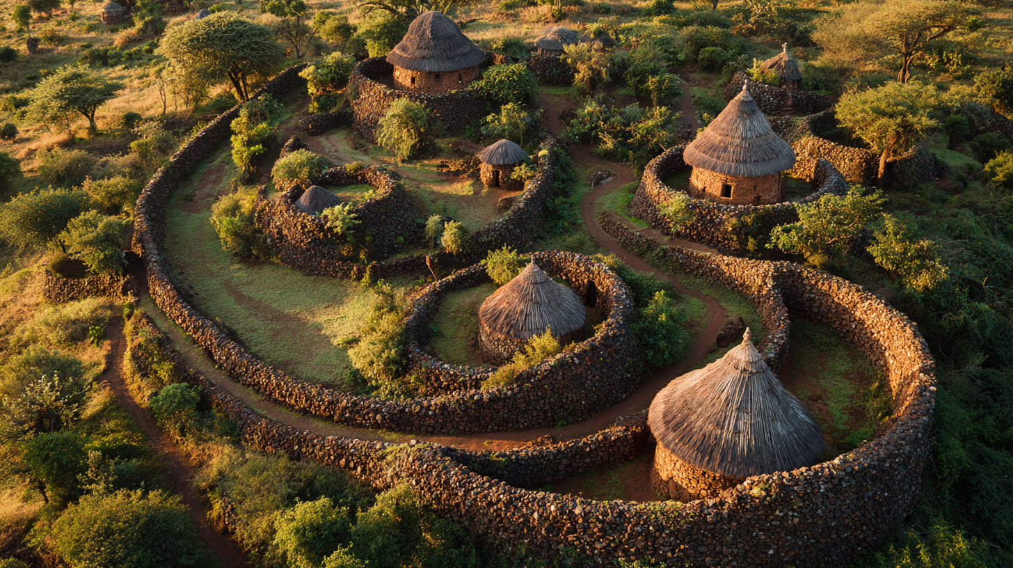 A fortified Konso village with stone walls and traditional huts.