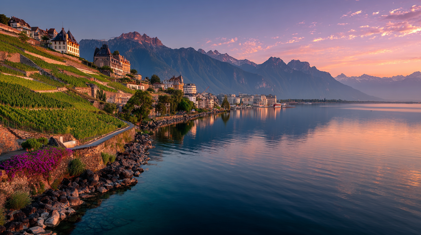 Lake Geneva with reflections of the Alps and vineyards under soft morning light.