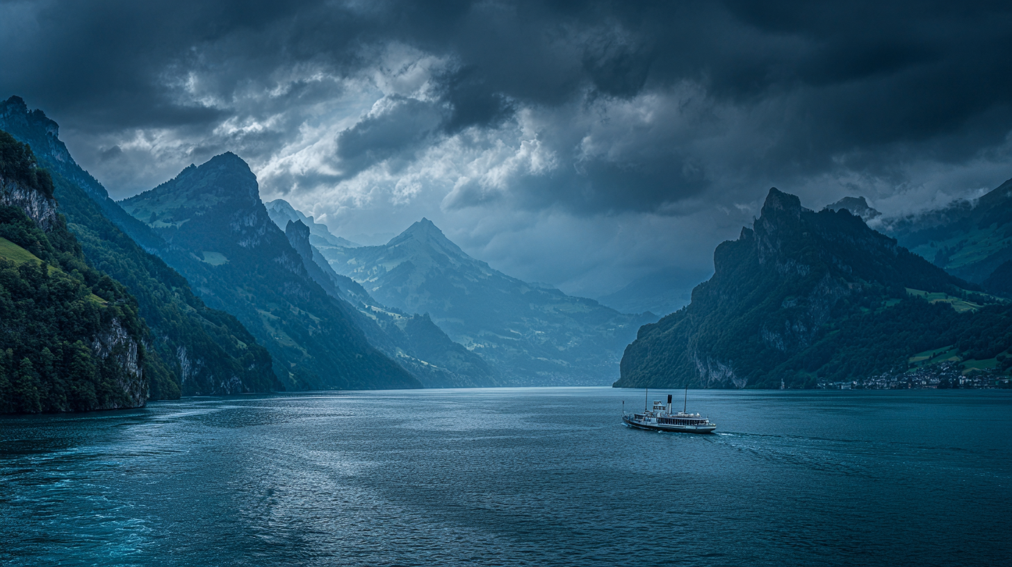 Lake Lucerne surrounded by steep mountains with a paddle steamer crossing the water.