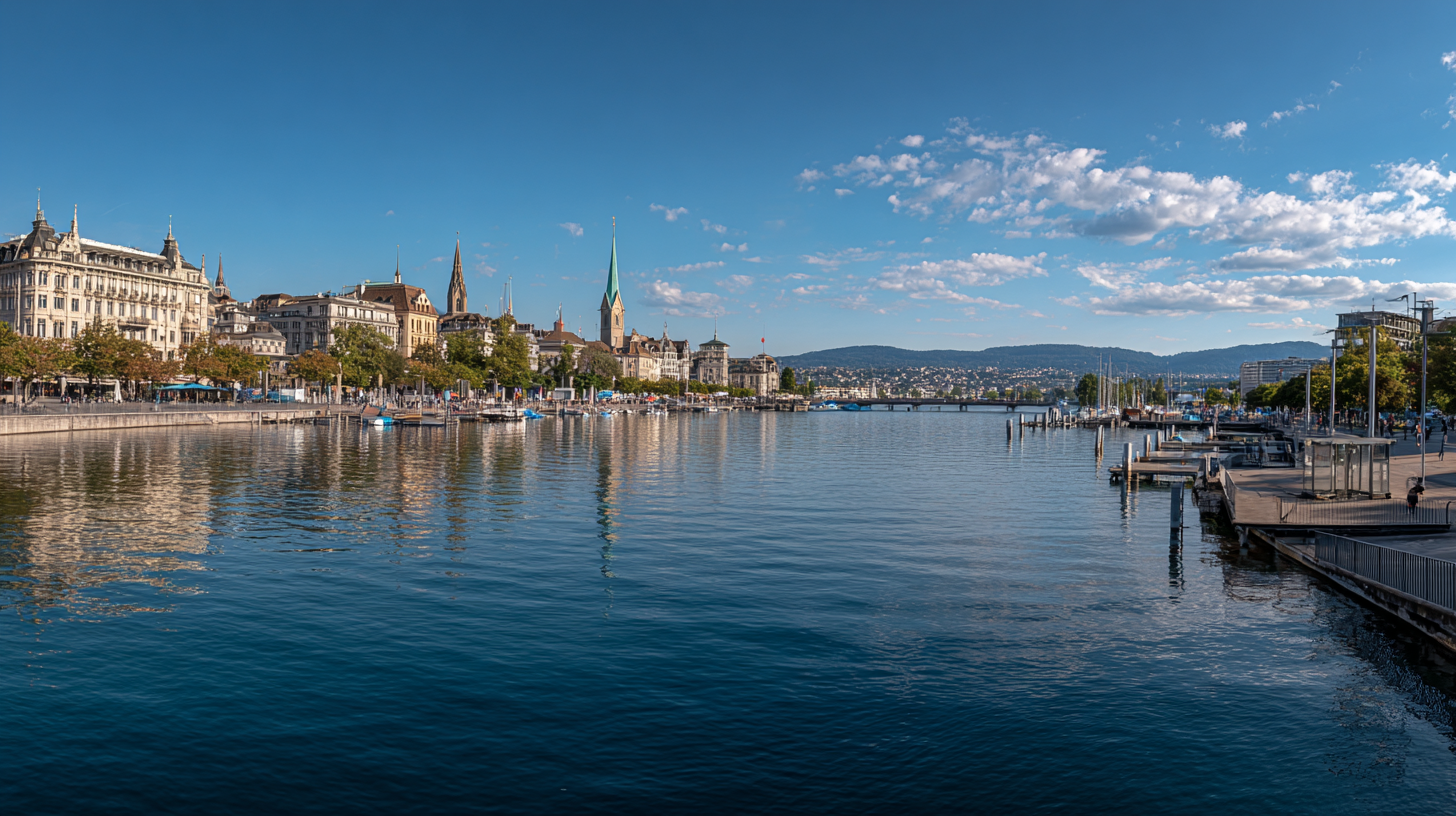 Lake Zurich with city skyline, promenade, and distant alpine mountains.
