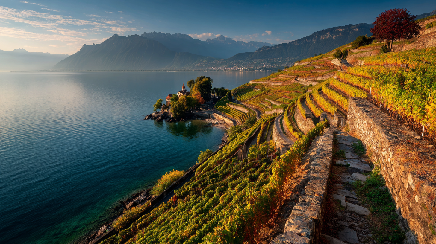 Lavaux terraced vineyards overlooking Lake Geneva with alpine scenery.