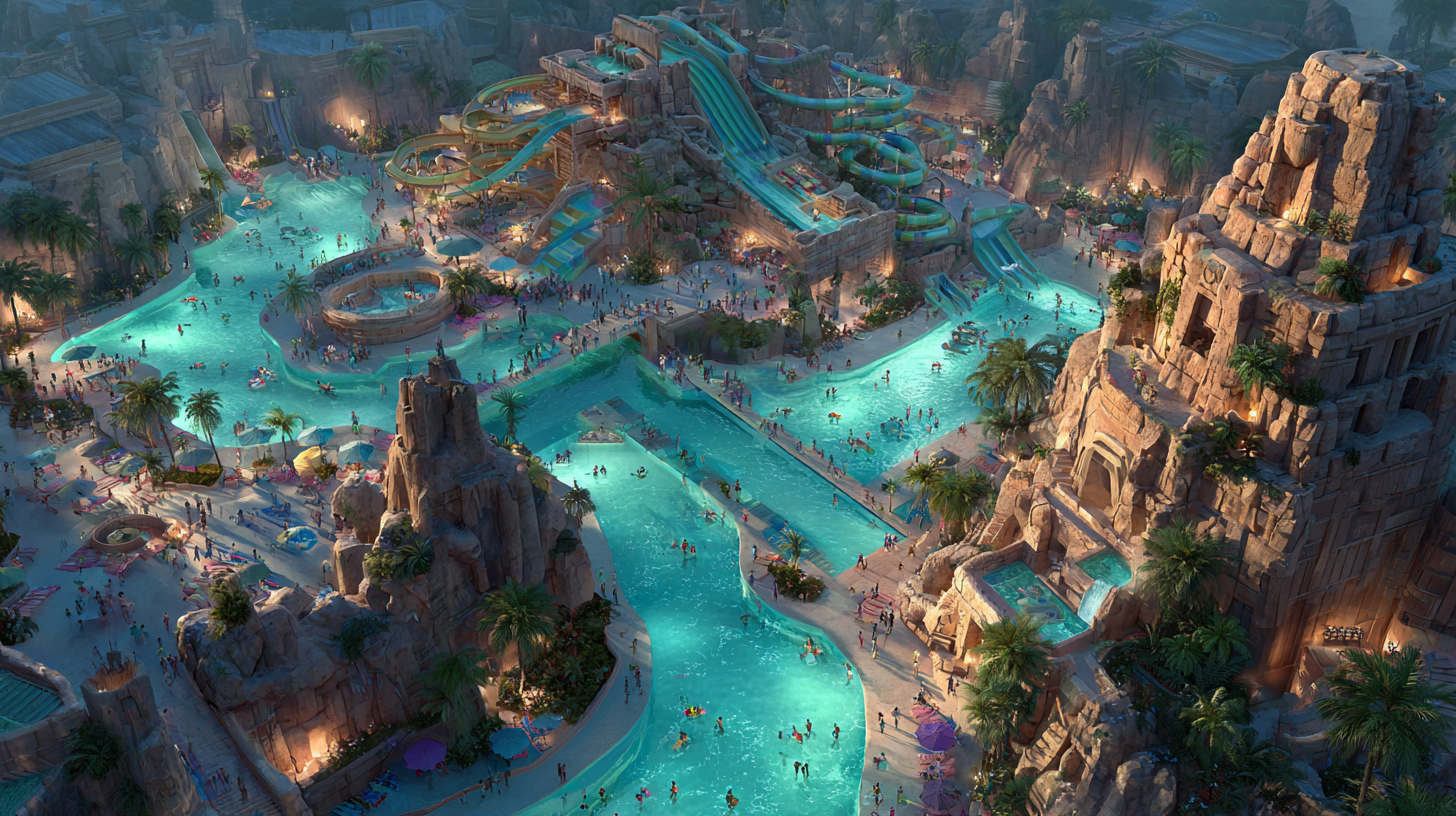 Themed stone structures and pools at the Lost Paradise of Dilmun Water Park in Bahrain.