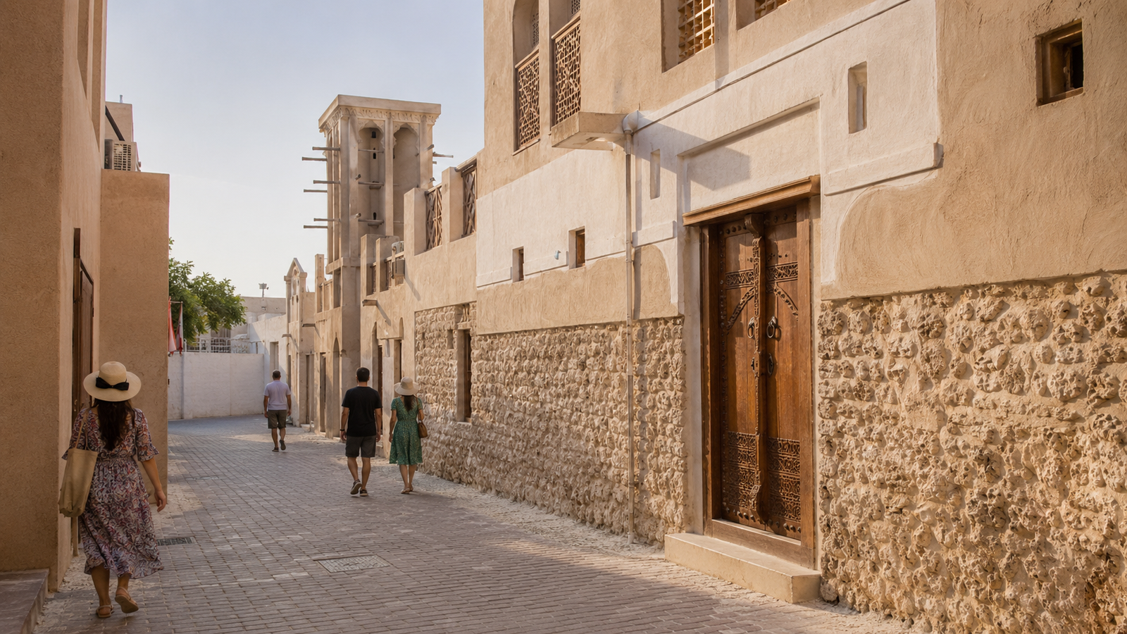 Visitors walking among restored heritage houses on the Pearling Path in Muharraq.