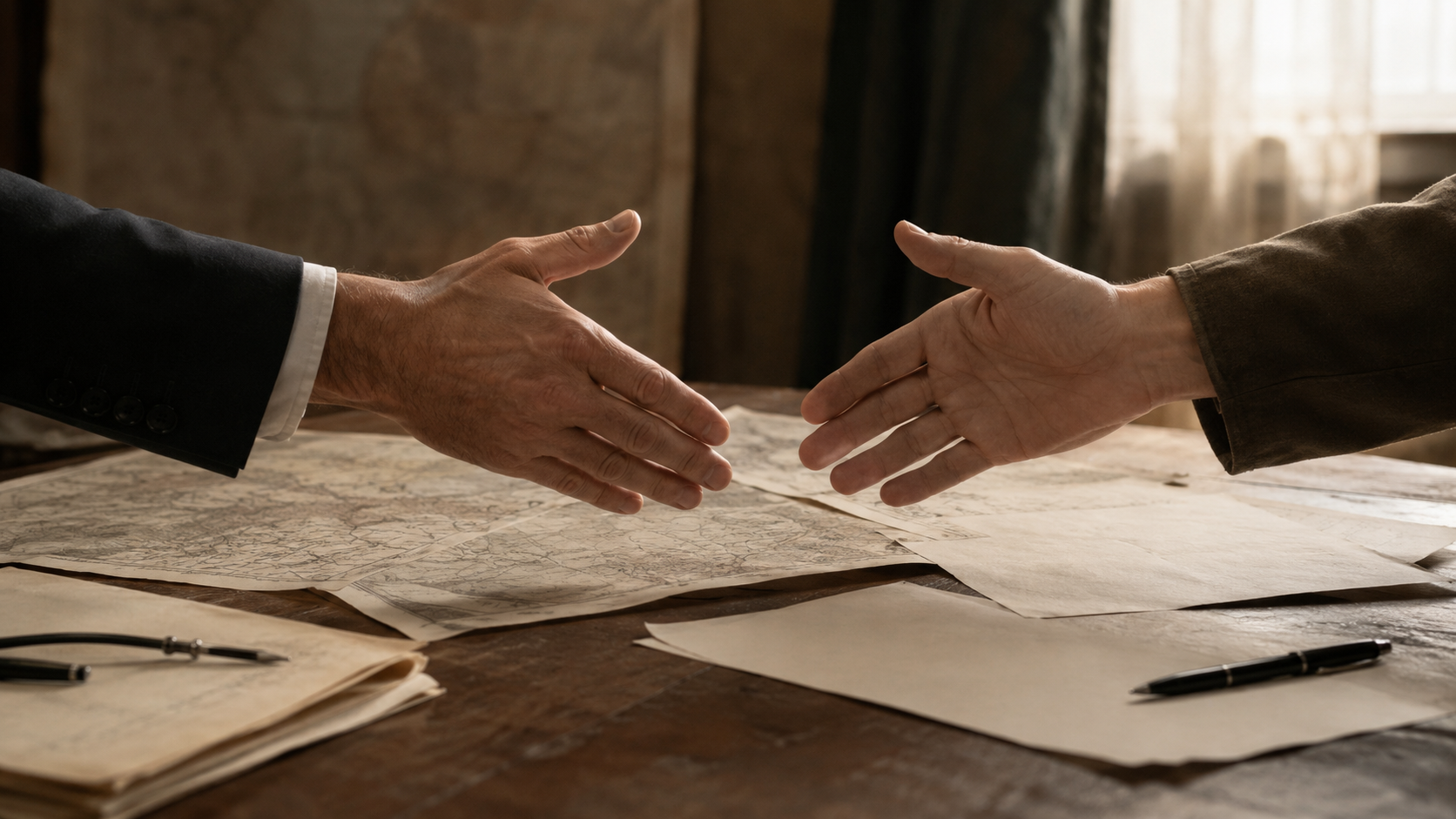 Hands reaching across a negotiation table symbolizing the fragile hope of the Oslo Accords