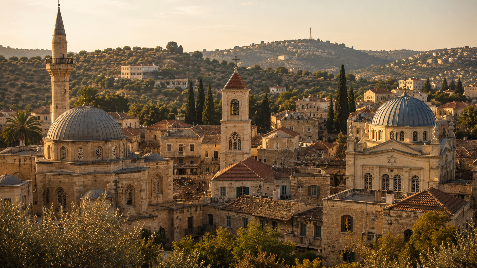 Israeli-Palestinian conflict: Old Levantine town landscape with religious and cultural layers in Ottoman Palestine