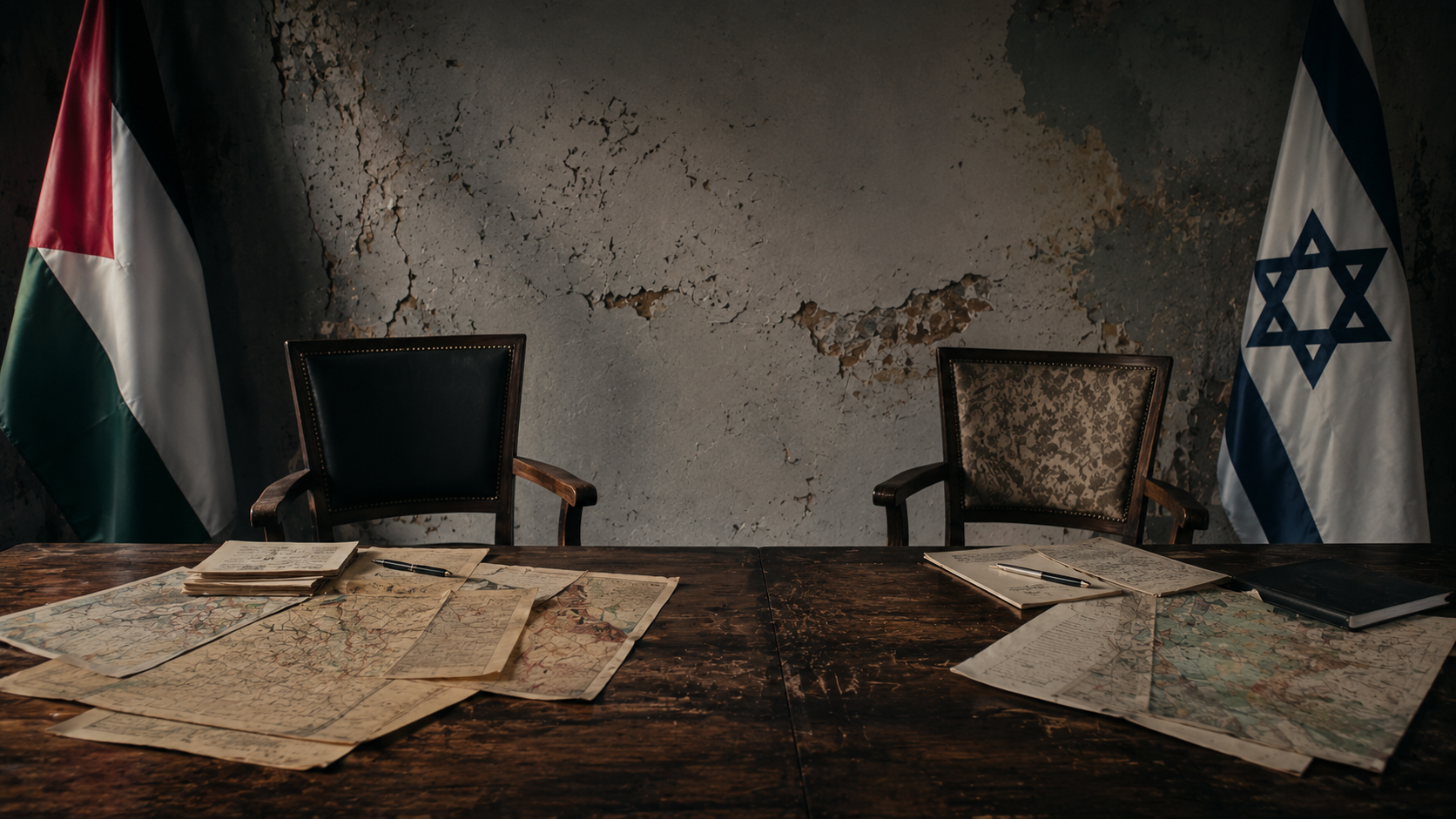 Israeli-Palestinian conflict: Two empty chairs and maps symbolizing competing claims during the 1947 partition debate