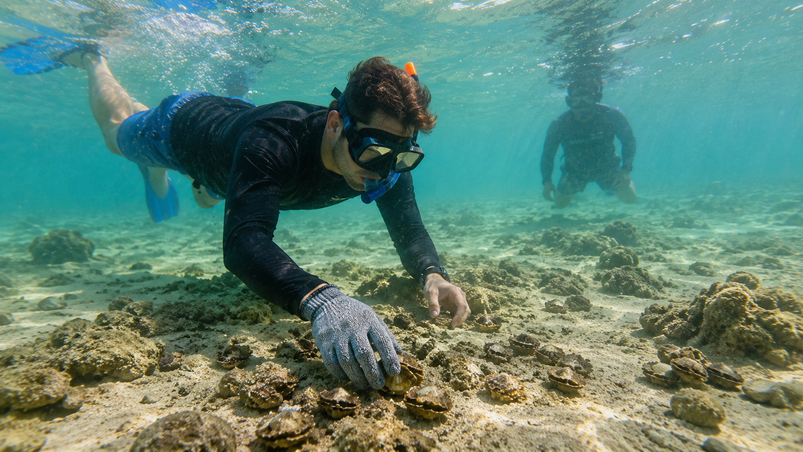 Traveller pearl snorkelling over a shallow oyster bed in Bahrain.