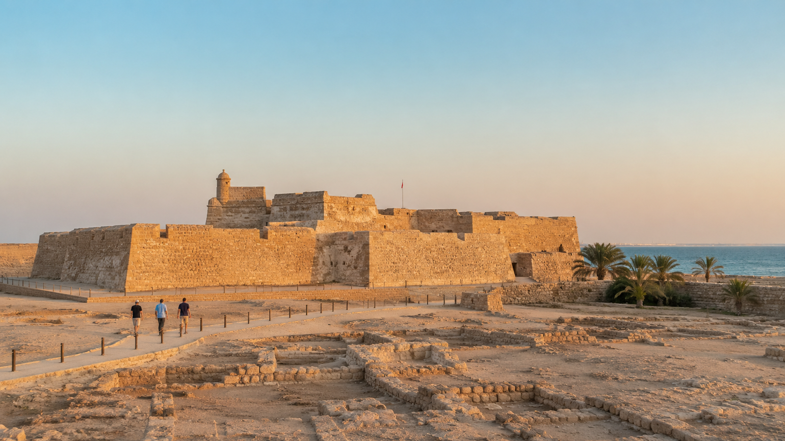 Qal’at al-Bahrain fort and archaeological site near the coast at sunset.