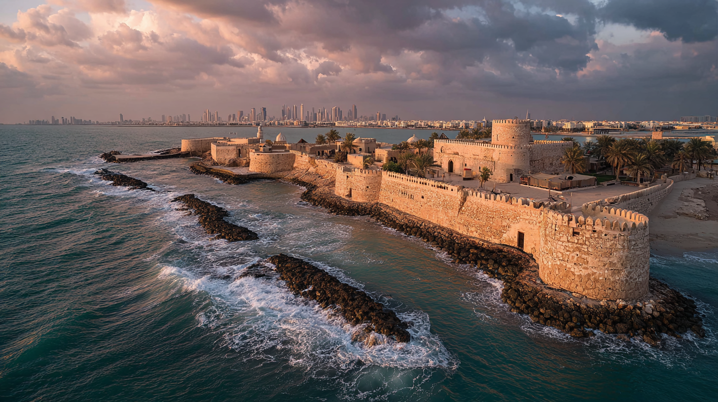 Bahrain Fort (Qal’at al-Bahrain) illuminated by sunset overlooking the coast.
