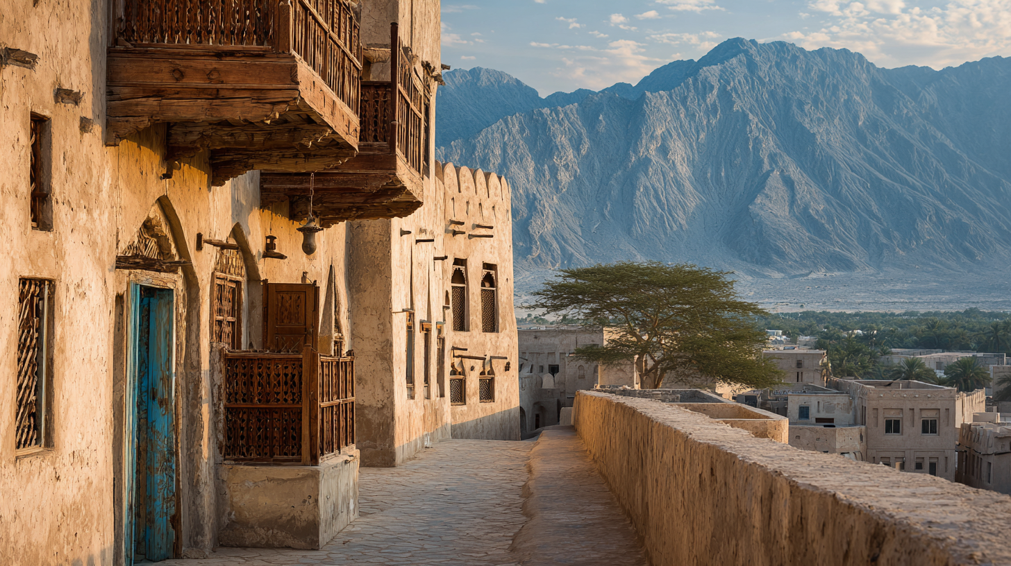 Riffa Fort in Bahrain overlooking the Hunanaiya Valley in warm daylight.