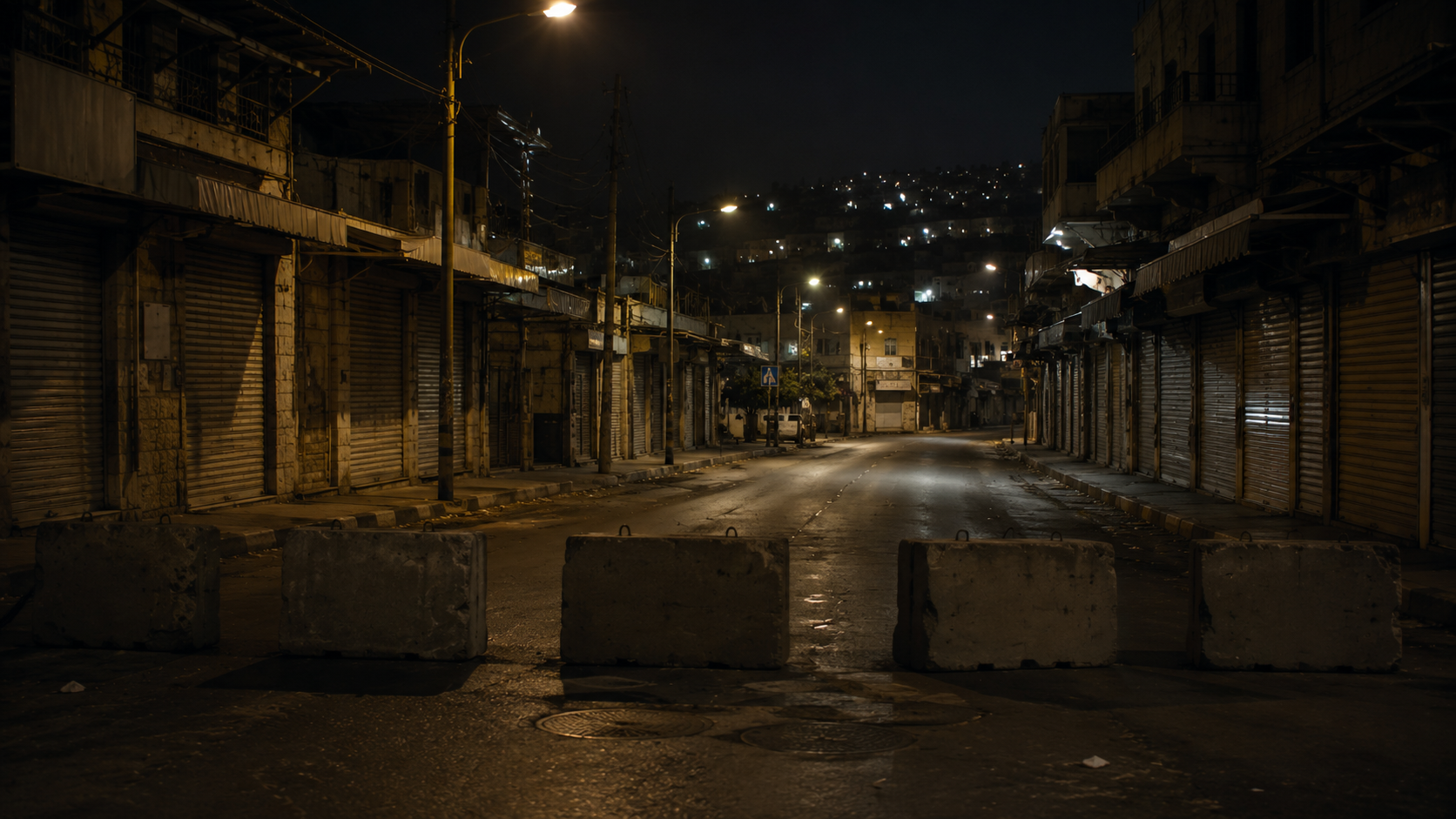 Deserted street with concrete blocks and shuttered storefronts symbolizing closures during the Second Intifada