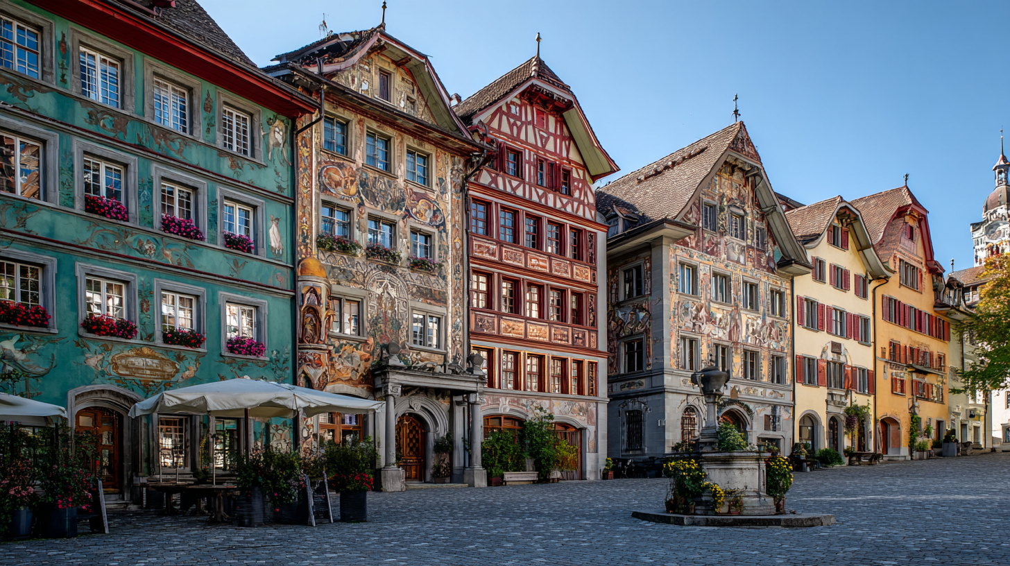 Stein am Rhein’s historic square with colorful painted medieval façades.