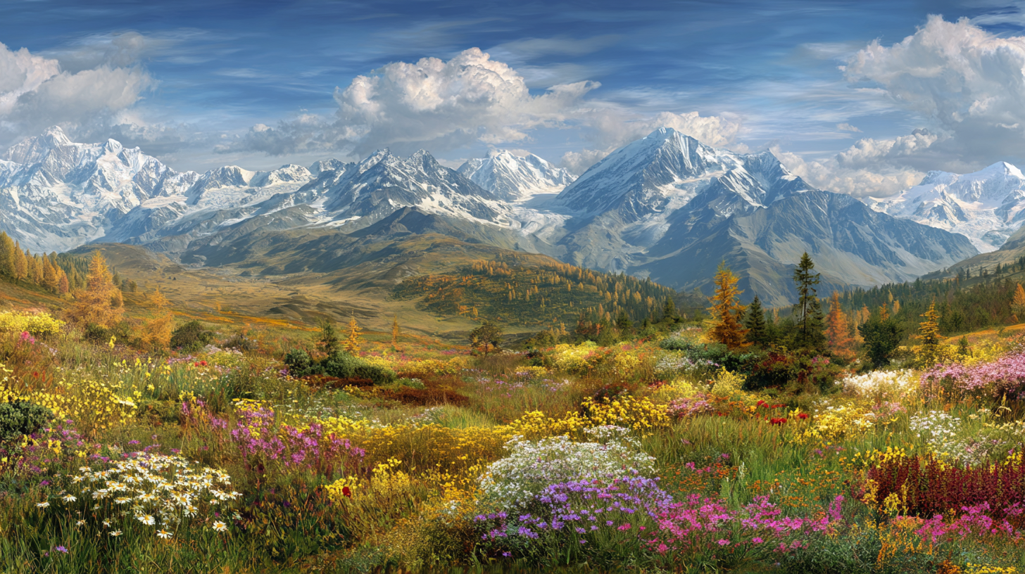 Panoramic view showing the Swiss Alps across all four seasons.