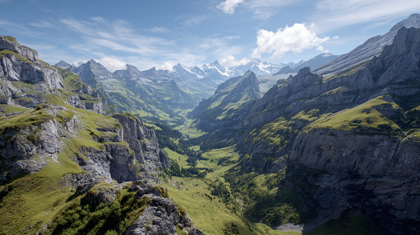 Glacial valleys and rugged alpine formations showing the geological power of the Swiss Alps.