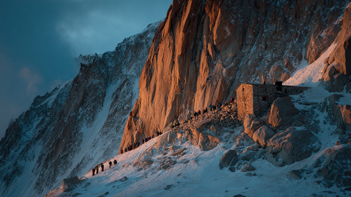 A high-altitude bivouac hut in the Swiss Alps at sunset with climbers nearby.